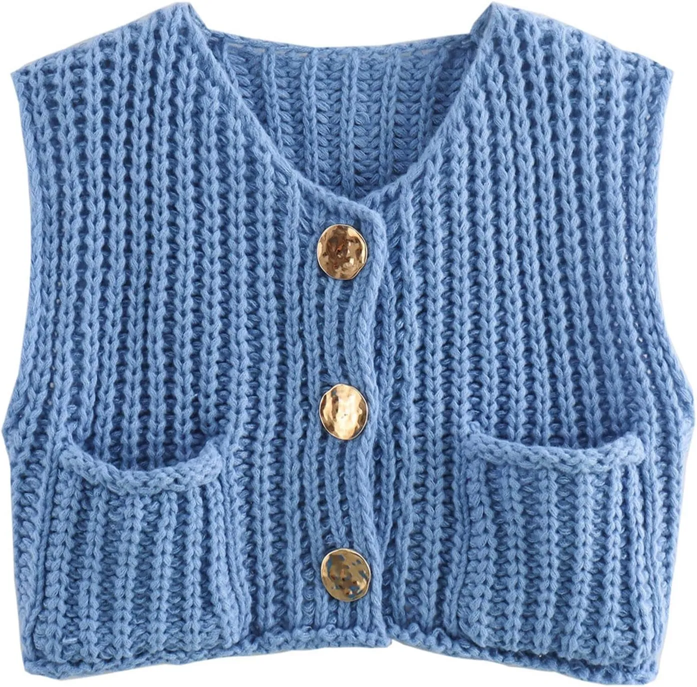Womens Crochet Knit Top Sleeveless Button Down Crop Top Open Front Sweater Cardigan Vest with Pockets