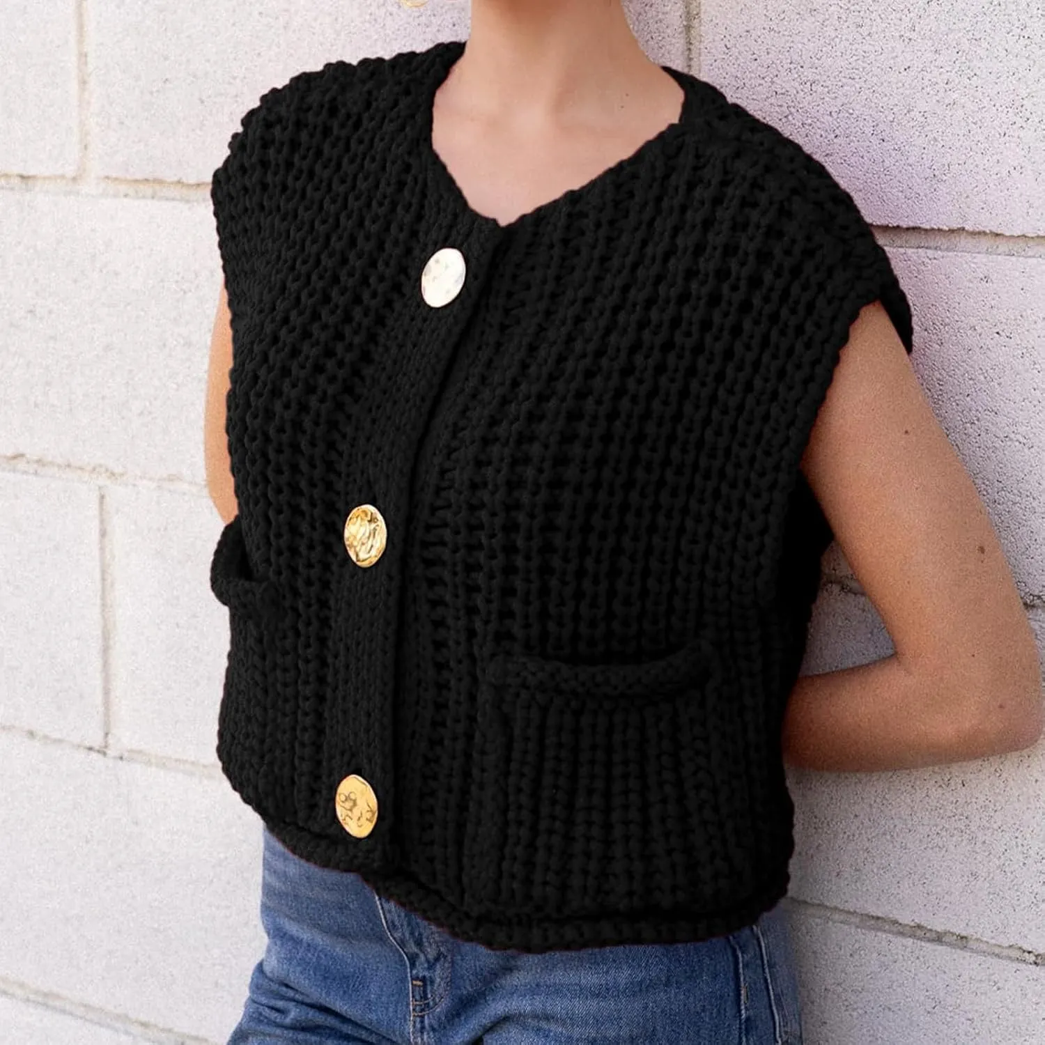 Womens Crochet Knit Top Sleeveless Button Down Crop Top Open Front Sweater Cardigan Vest with Pockets