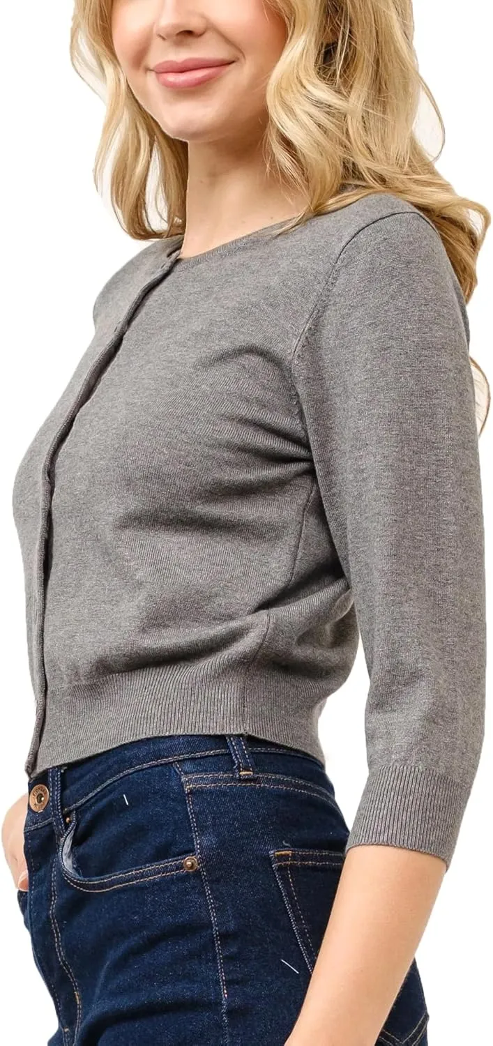 Women's Cropped Cardigan 3/4 Sleeve Crewneck Button Up Sweater Knit Top (S~XL)