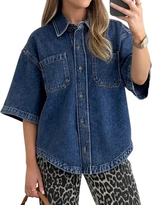 Women's Denim Shirt, Button Down Short Sleeve Jean Shirts Casual Top Outfits Trendy