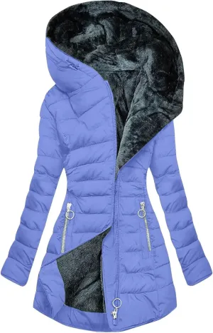 Women's Down Jacket Fleece Lined Zip Up Fur Hooded Coat Waterproof Thick Quilted Jacket Oversize Warm Trench Coat