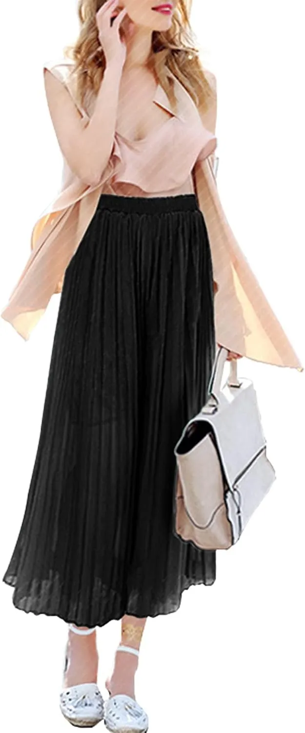 Women's Elastic Waist Pleated Chiffon Culottes Cropped Wide Leg Flowy Pants