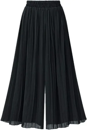 Women's Elastic Waist Pleated Chiffon Culottes Cropped Wide Leg Flowy Pants