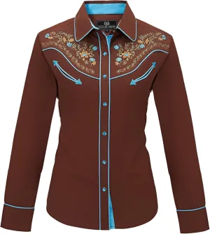 Women's Embroidered Western Cowgirl Slim Fit Shirt Long Sleeve Snap Button Down Shirt with Embroidery