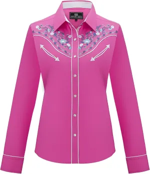 Women's Embroidered Western Cowgirl Slim Fit Shirt Long Sleeve Snap Button Down Shirt with Embroidery