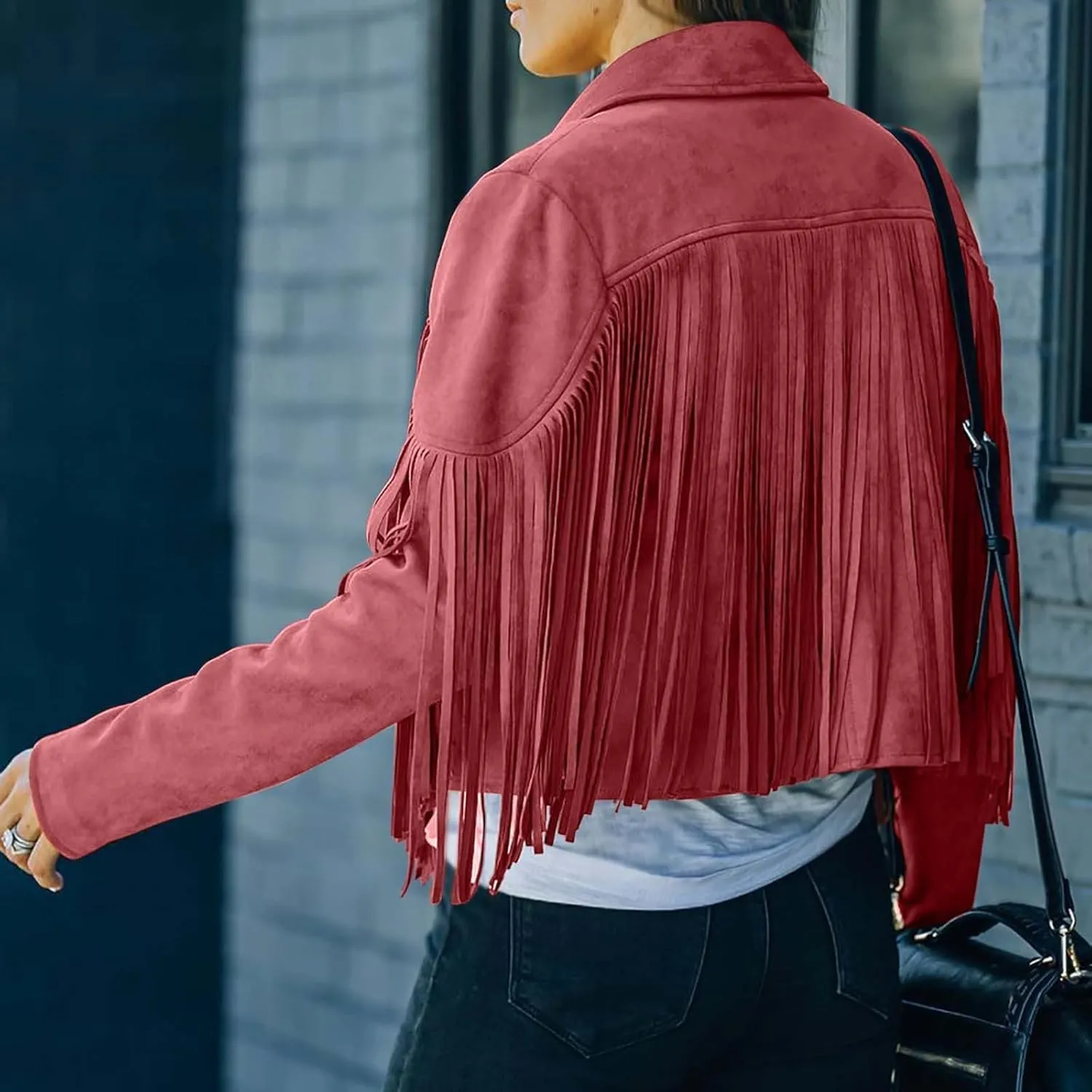 Womens Faux Suede Leather Jacket Fashion Fringe Cropped Coat Solid Motorcycle Outwear Casual Tassels Cardigan