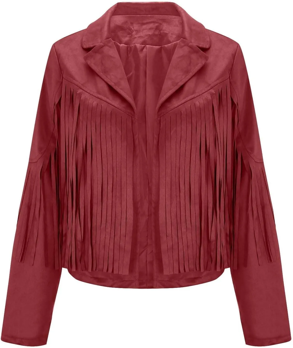 Womens Faux Suede Leather Jacket Fashion Fringe Cropped Coat Solid Motorcycle Outwear Casual Tassels Cardigan