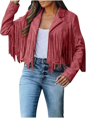 Womens Faux Suede Leather Jacket Fashion Fringe Cropped Coat Solid Motorcycle Outwear Casual Tassels Cardigan