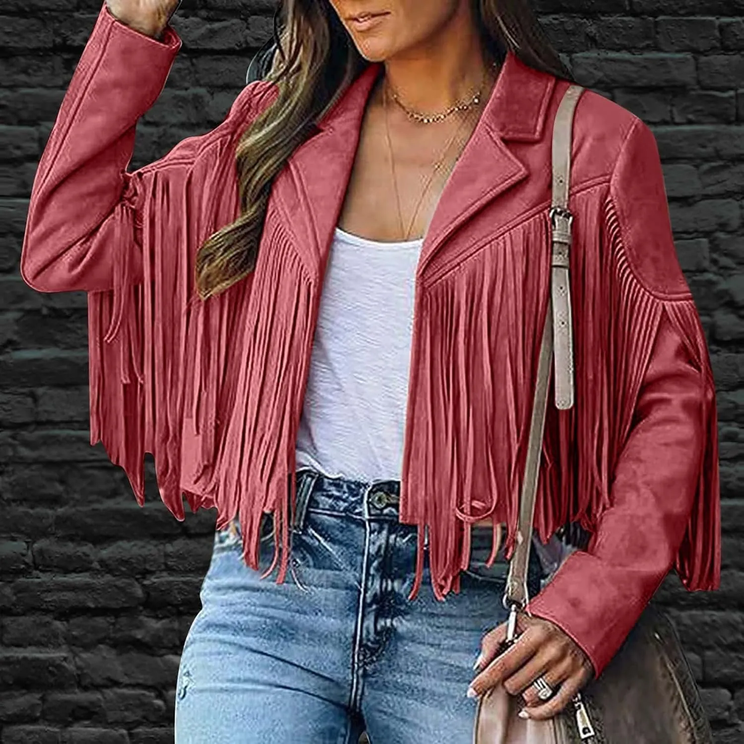 Womens Faux Suede Leather Jacket Fashion Fringe Cropped Coat Solid Motorcycle Outwear Casual Tassels Cardigan