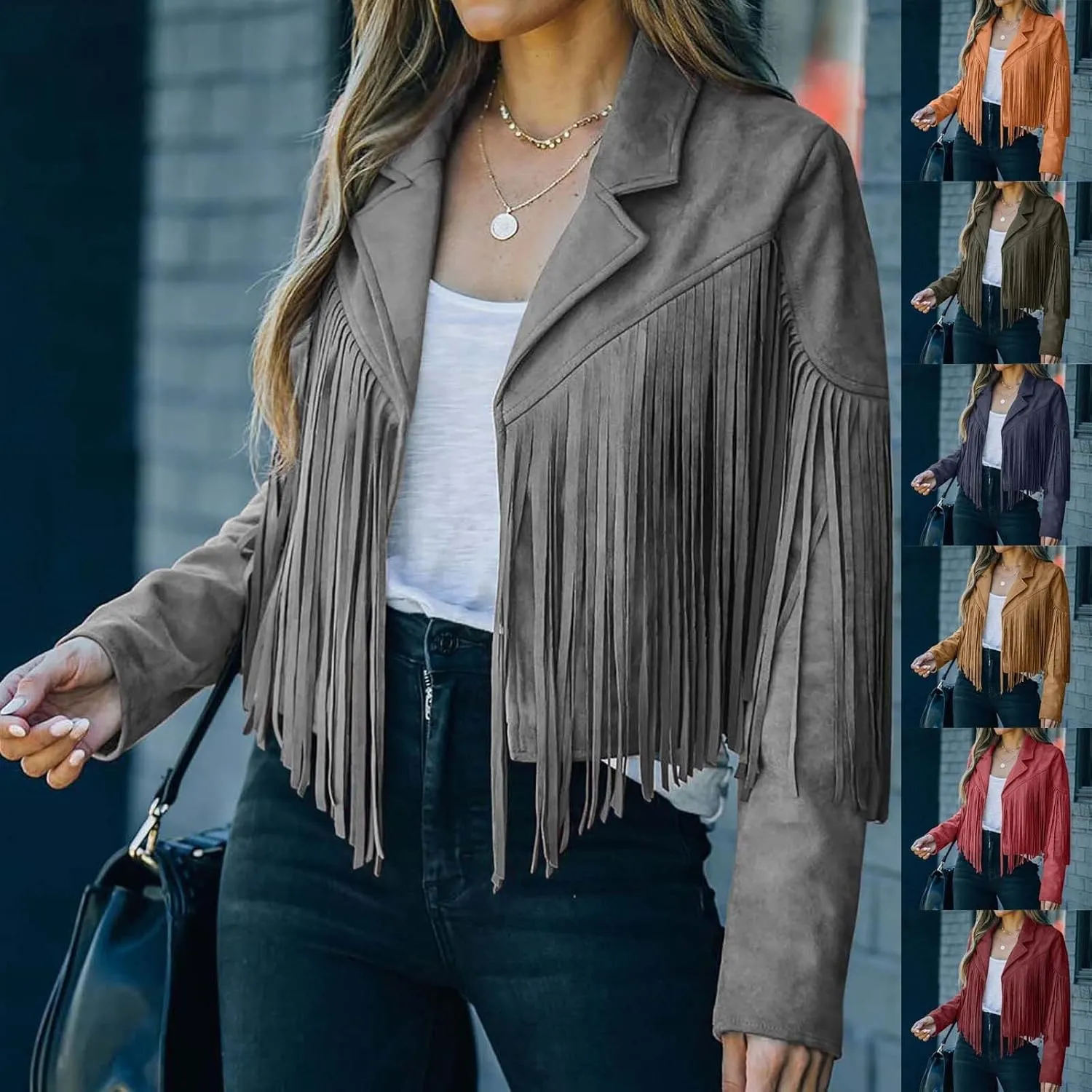 Womens Faux Suede Leather Jacket Fashion Fringe Cropped Coat Solid Motorcycle Outwear Casual Tassels Cardigan