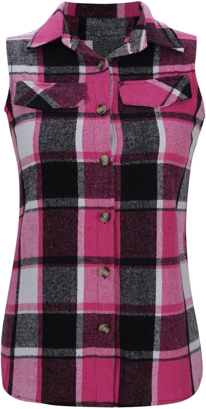 Womens Flannel Plaid Vests 2024 Trendy Long Sleeveless Button Down Shirt Jacket Casual Fall Winter Coat Outerwear