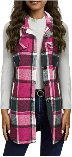 Womens Flannel Plaid Vests 2024 Trendy Long Sleeveless Button Down Shirt Jacket Casual Fall Winter Coat Outerwear