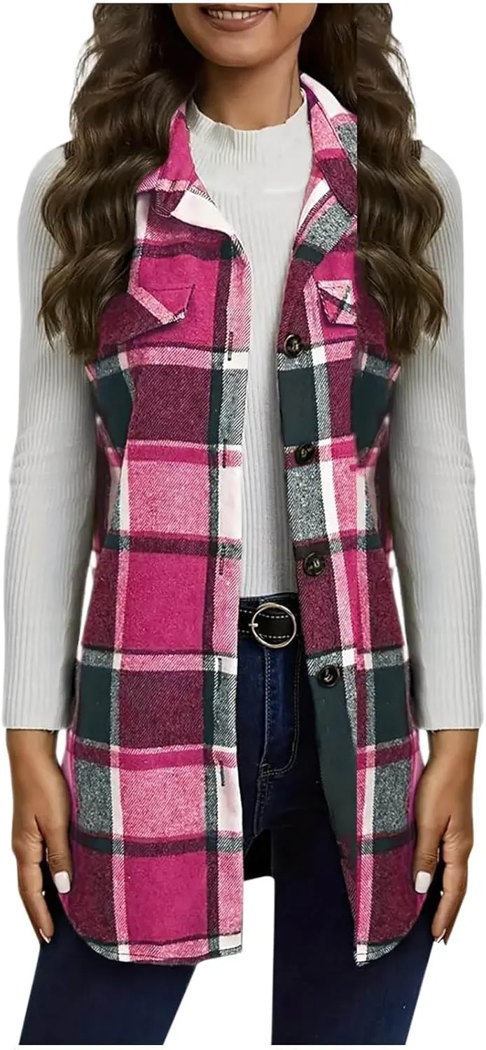 Womens Flannel Plaid Vests 2024 Trendy Long Sleeveless Button Down Shirt Jacket Casual Fall Winter Coat Outerwear