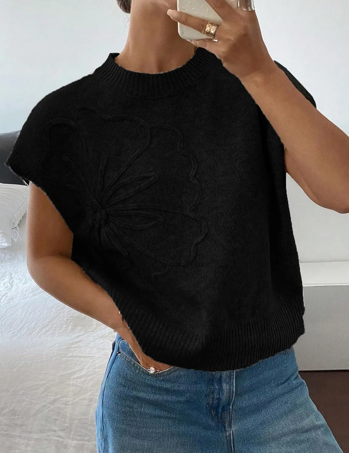 Womens Floral Sweater Vest Cute Cap Sleeve Tops 3D Flower Decor Knit Tank Top Loose Spring Fall Summer Clothes 2025