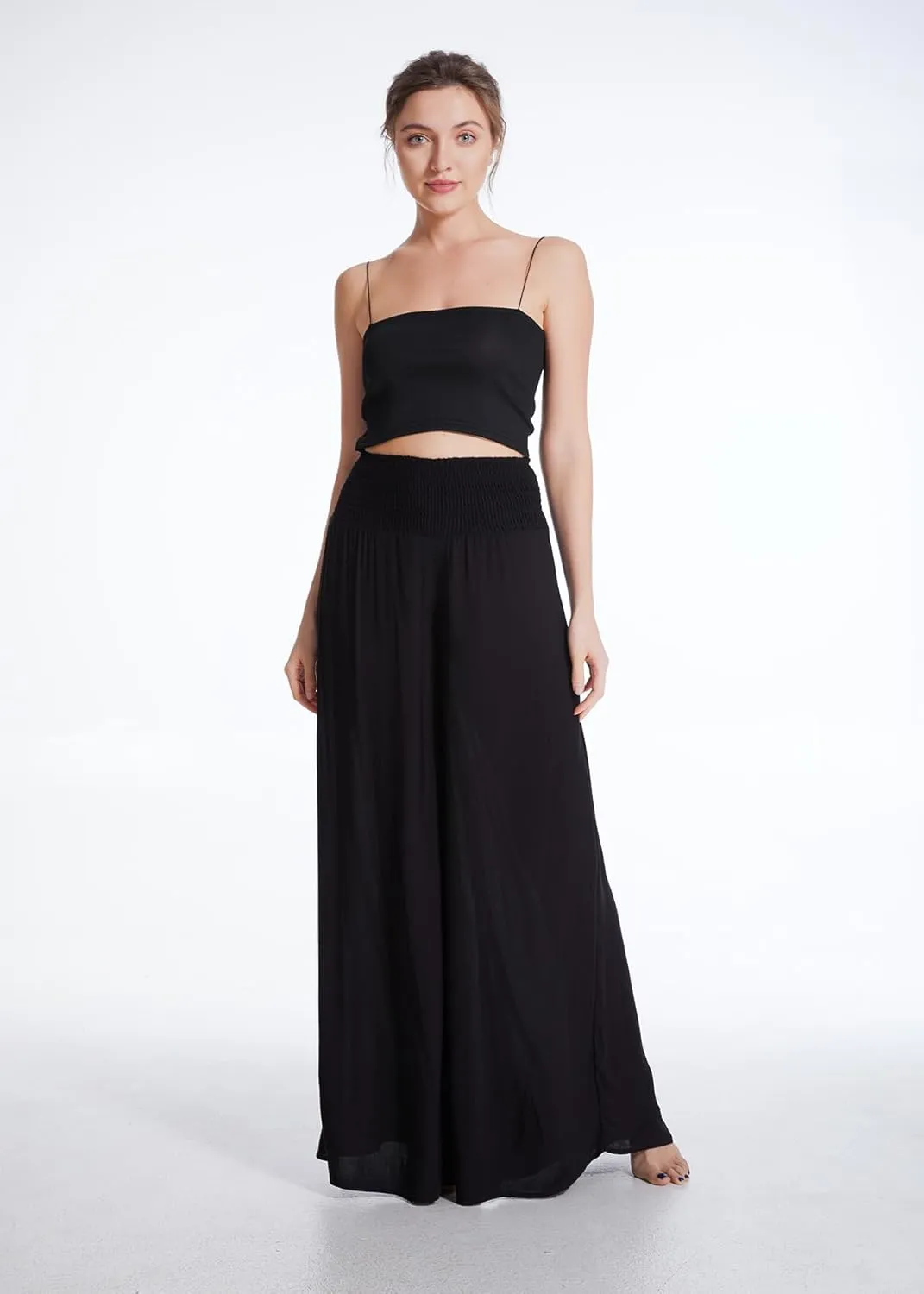 Women's Flowy Wide Leg Palazzo Pants, Loose Elastic High Waisted Beach Casual Culottes