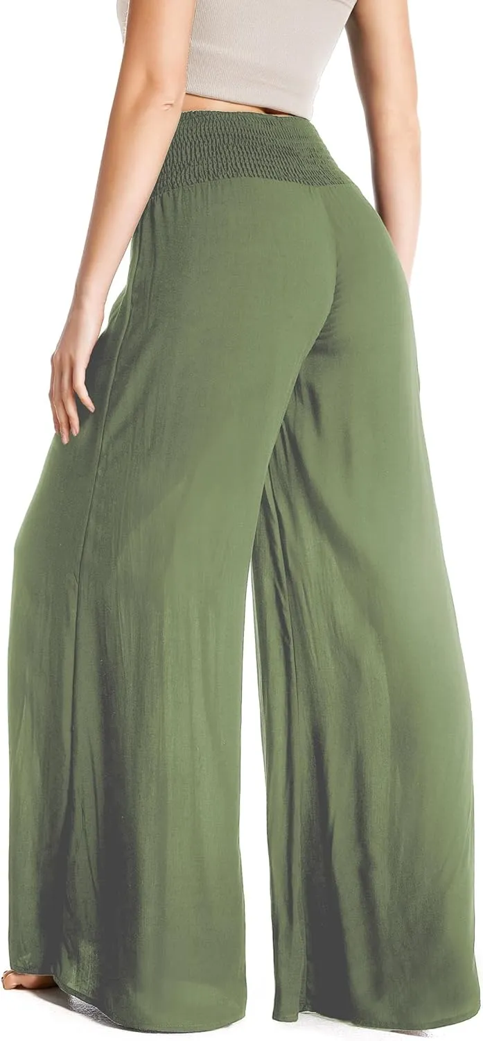 Women's Flowy Wide Leg Palazzo Pants, Loose Elastic High Waisted Beach Casual Culottes
