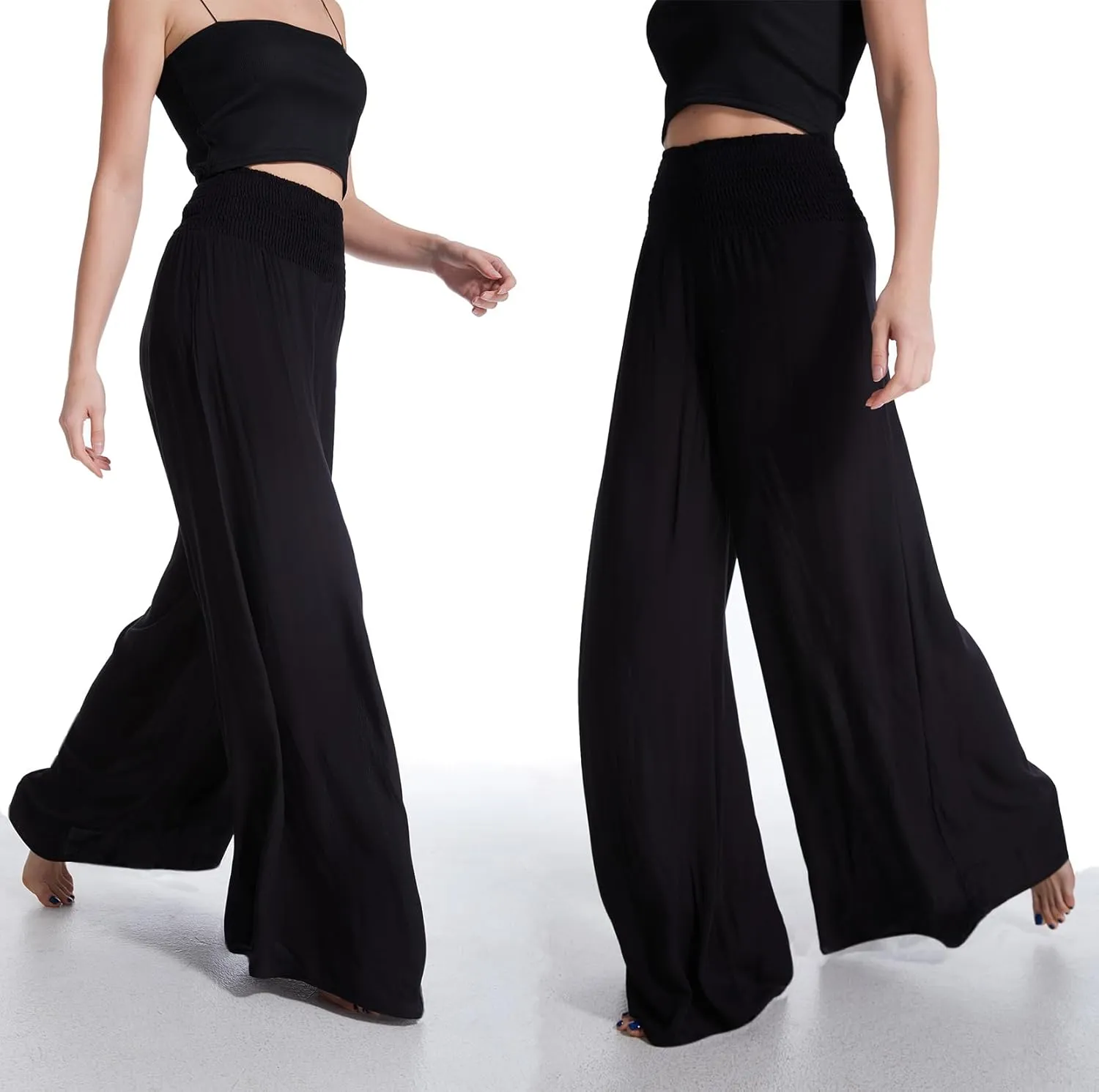 Women's Flowy Wide Leg Palazzo Pants, Loose Elastic High Waisted Beach Casual Culottes