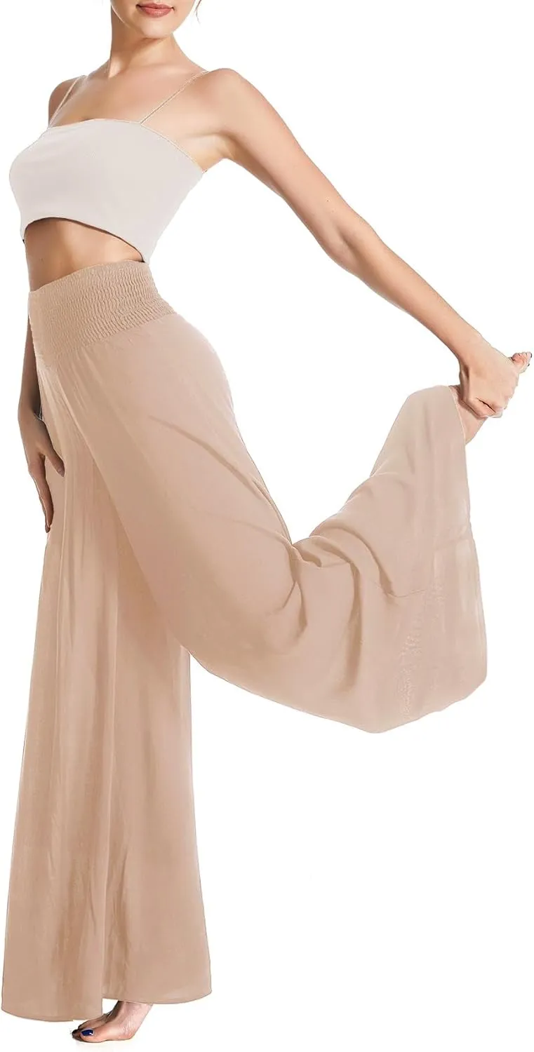 Women's Flowy Wide Leg Palazzo Pants, Loose Elastic High Waisted Beach Casual Culottes