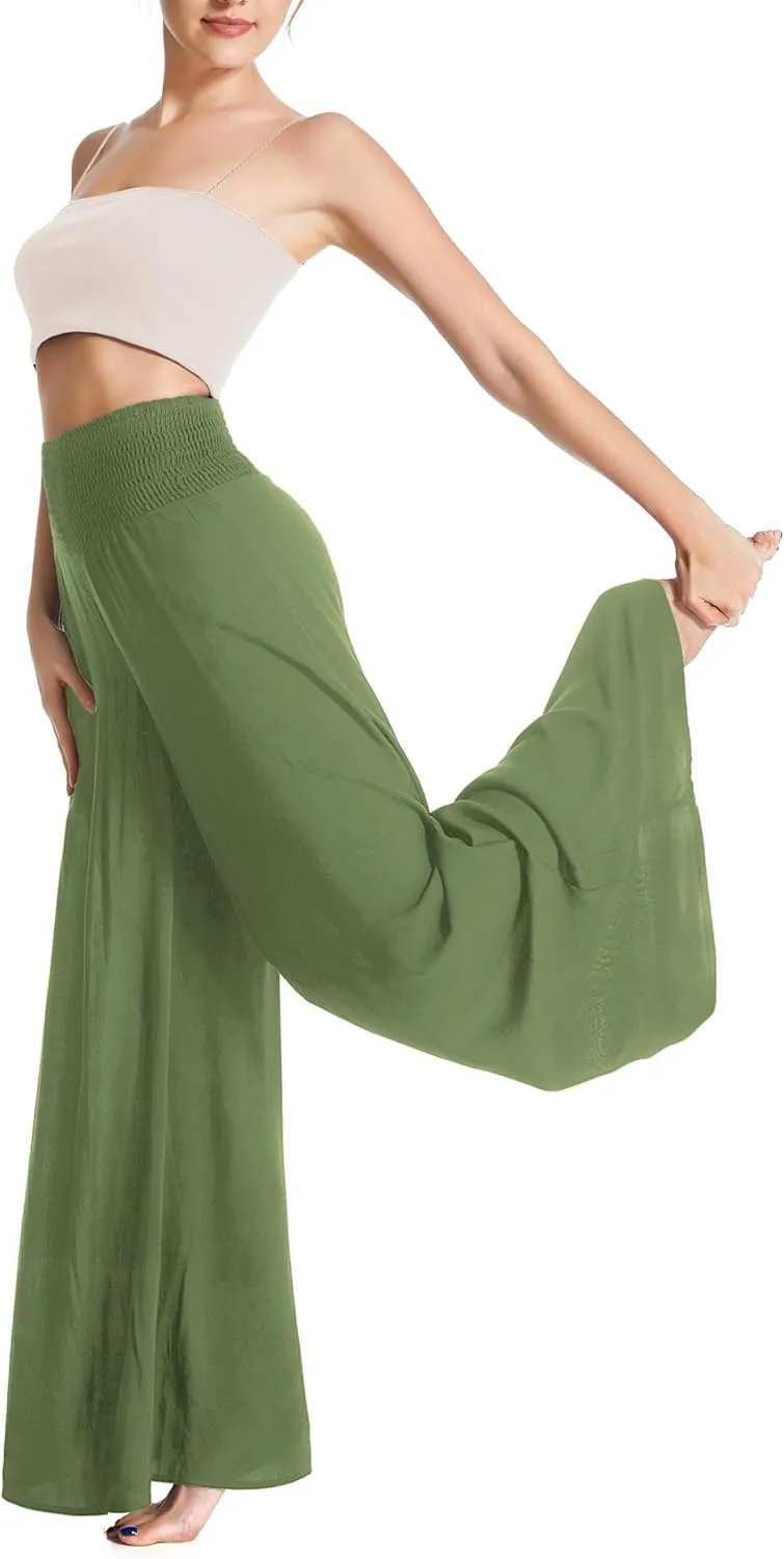 Women's Flowy Wide Leg Palazzo Pants, Loose Elastic High Waisted Beach Casual Culottes