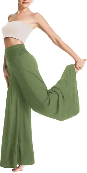 Women's Flowy Wide Leg Palazzo Pants, Loose Elastic High Waisted Beach Casual Culottes