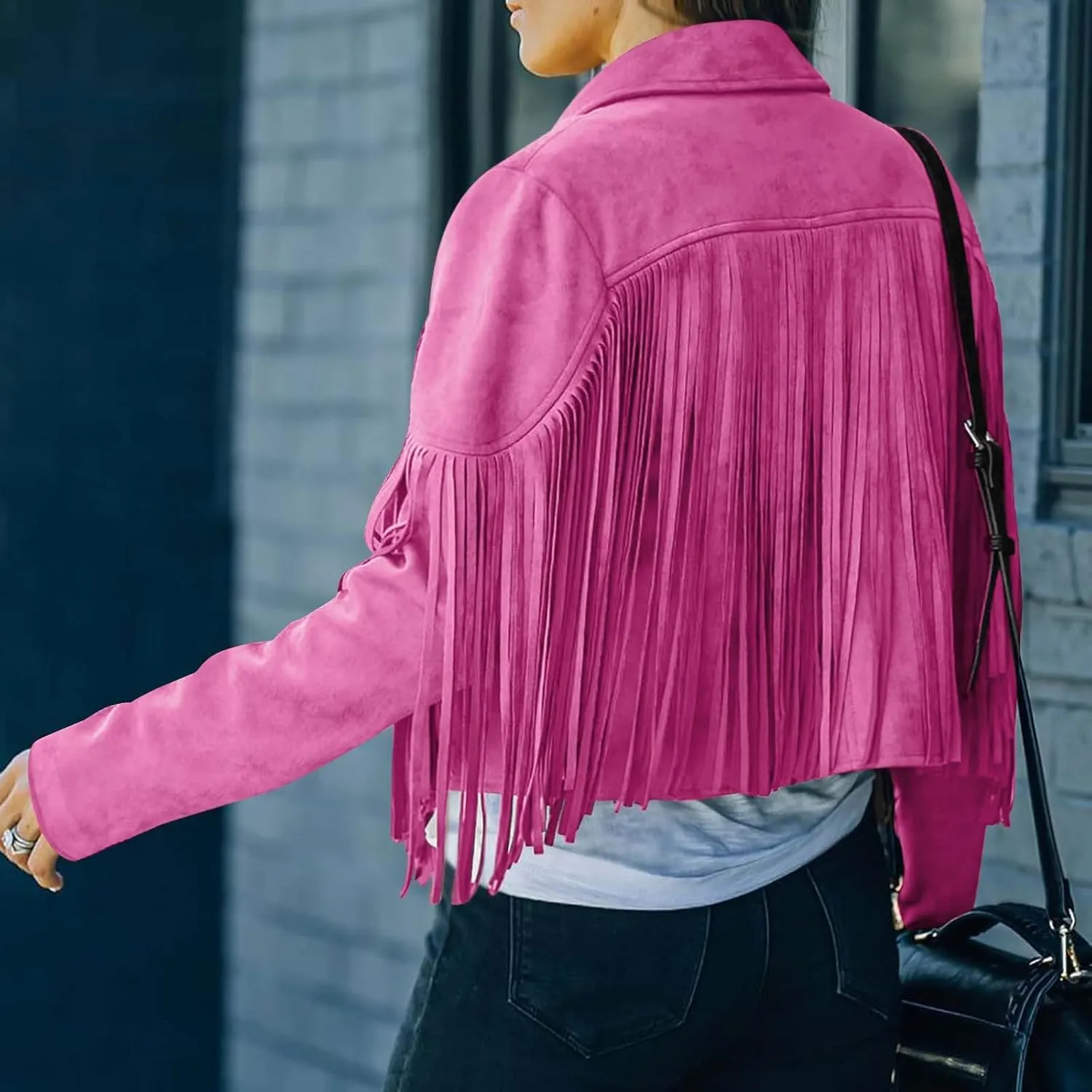 Women's Fringe Faux Suede Leather Jackets Fashion Tassel Cropped Coats Fringe Cropped Jacket Tassel Suede Moto Jacket