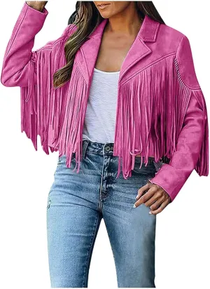 Women's Fringe Faux Suede Leather Jackets Fashion Tassel Cropped Coats Fringe Cropped Jacket Tassel Suede Moto Jacket