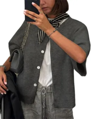 Womens Knitted Short Sleeve Cardigan Sweater Button Down Top