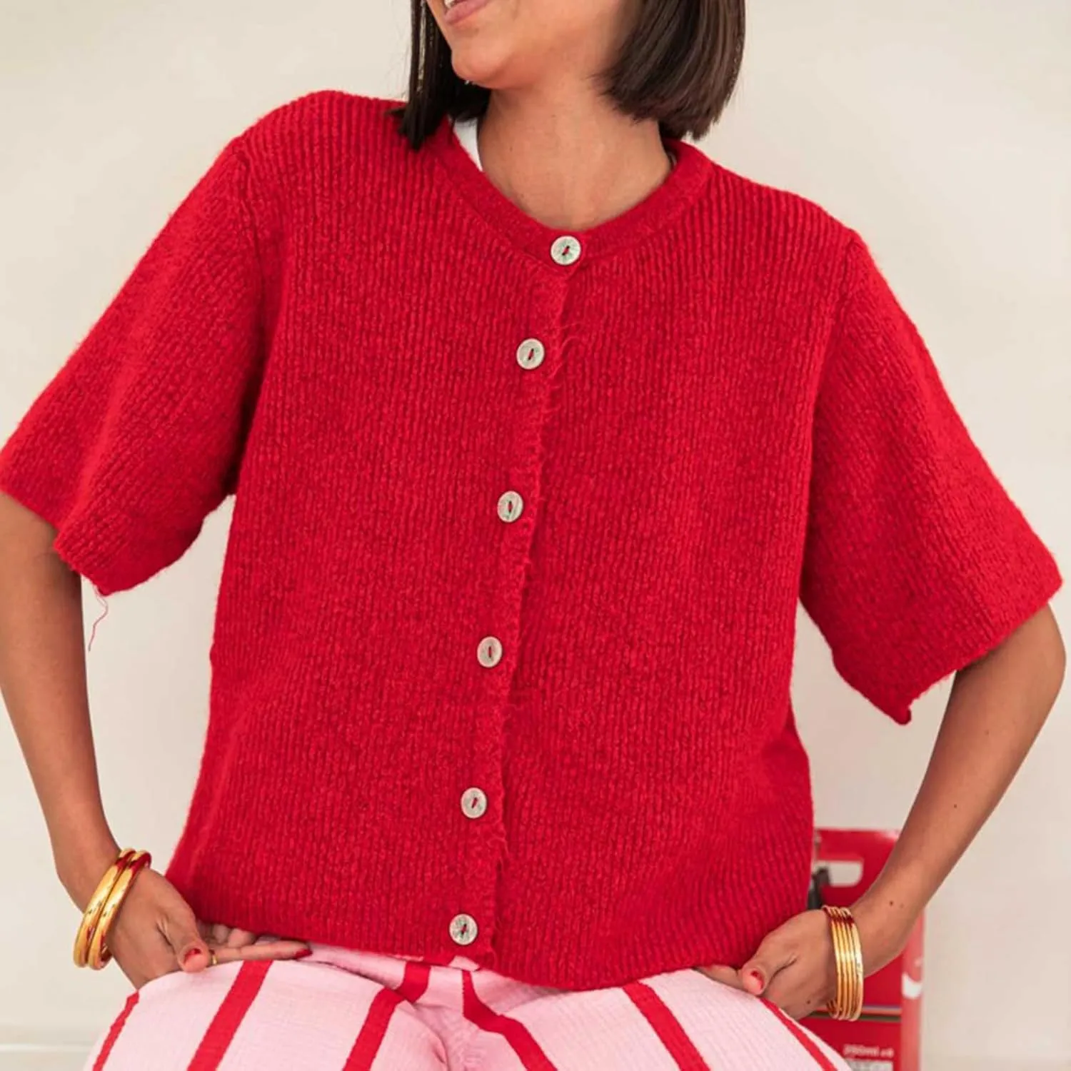 Womens Knitted Short Sleeve Cardigan Sweater Button Down Top