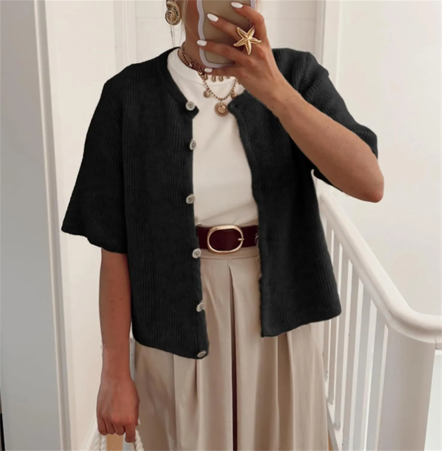 Womens Knitted Short Sleeve Cardigan Sweater Button Down Top