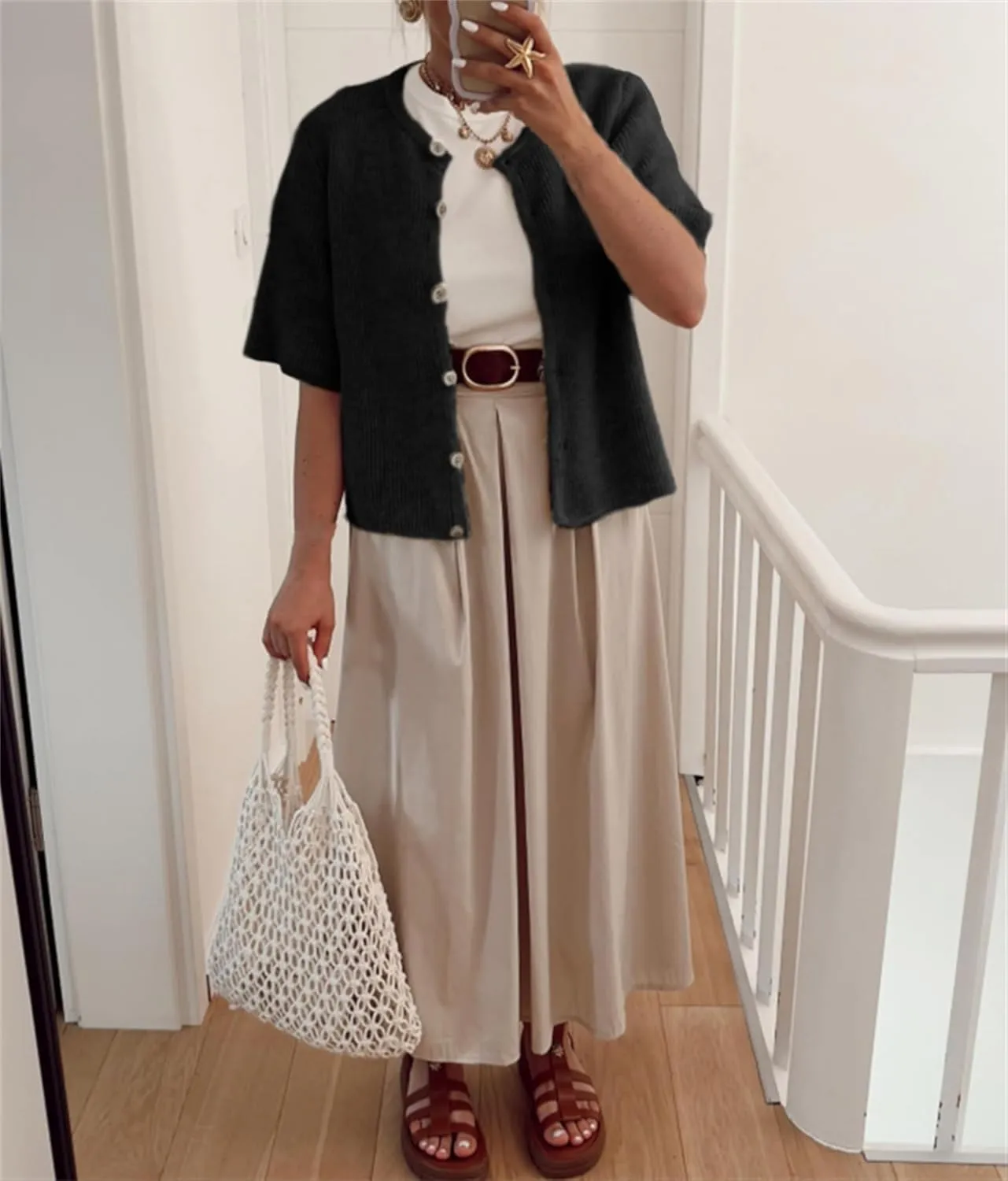Womens Knitted Short Sleeve Cardigan Sweater Button Down Top