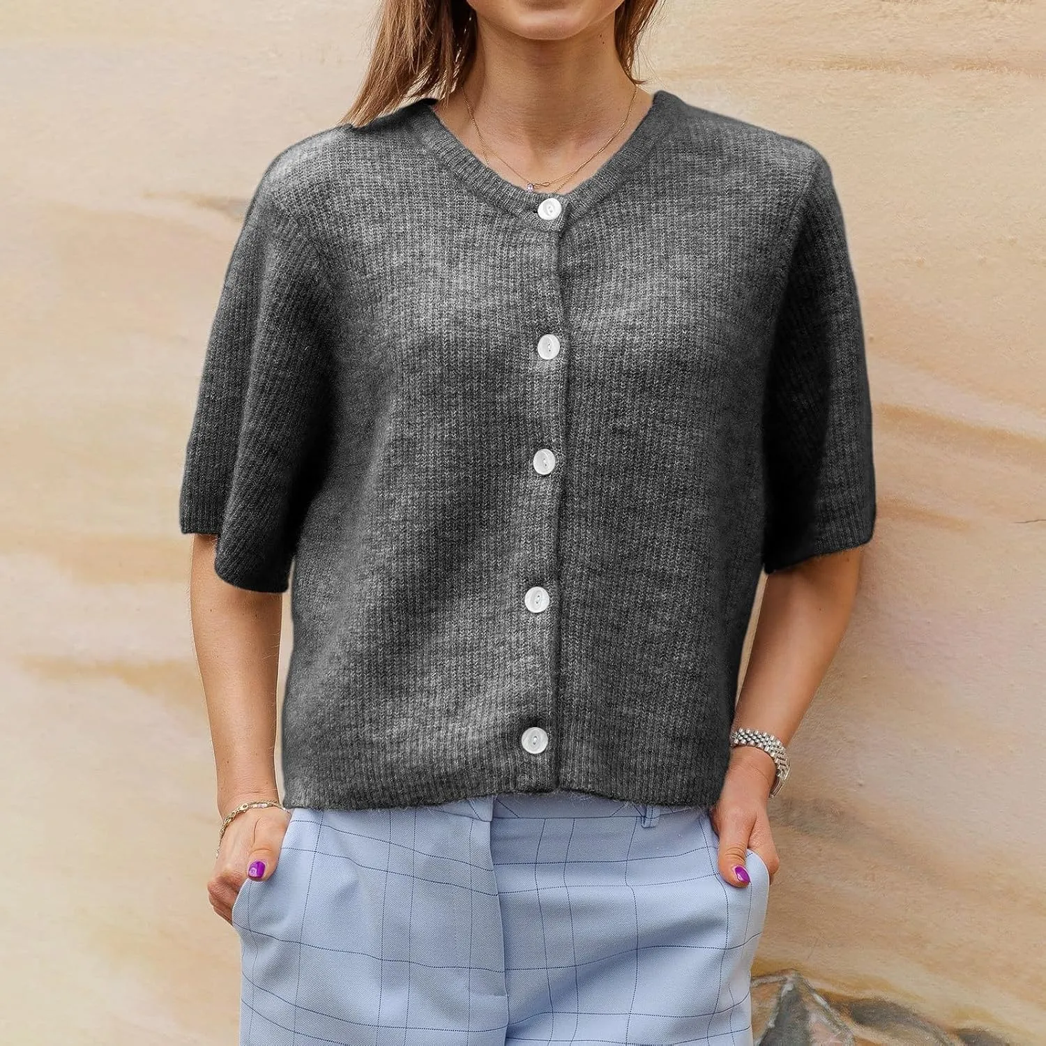 Womens Knitted Short Sleeve Cardigan Sweater Button Down Top