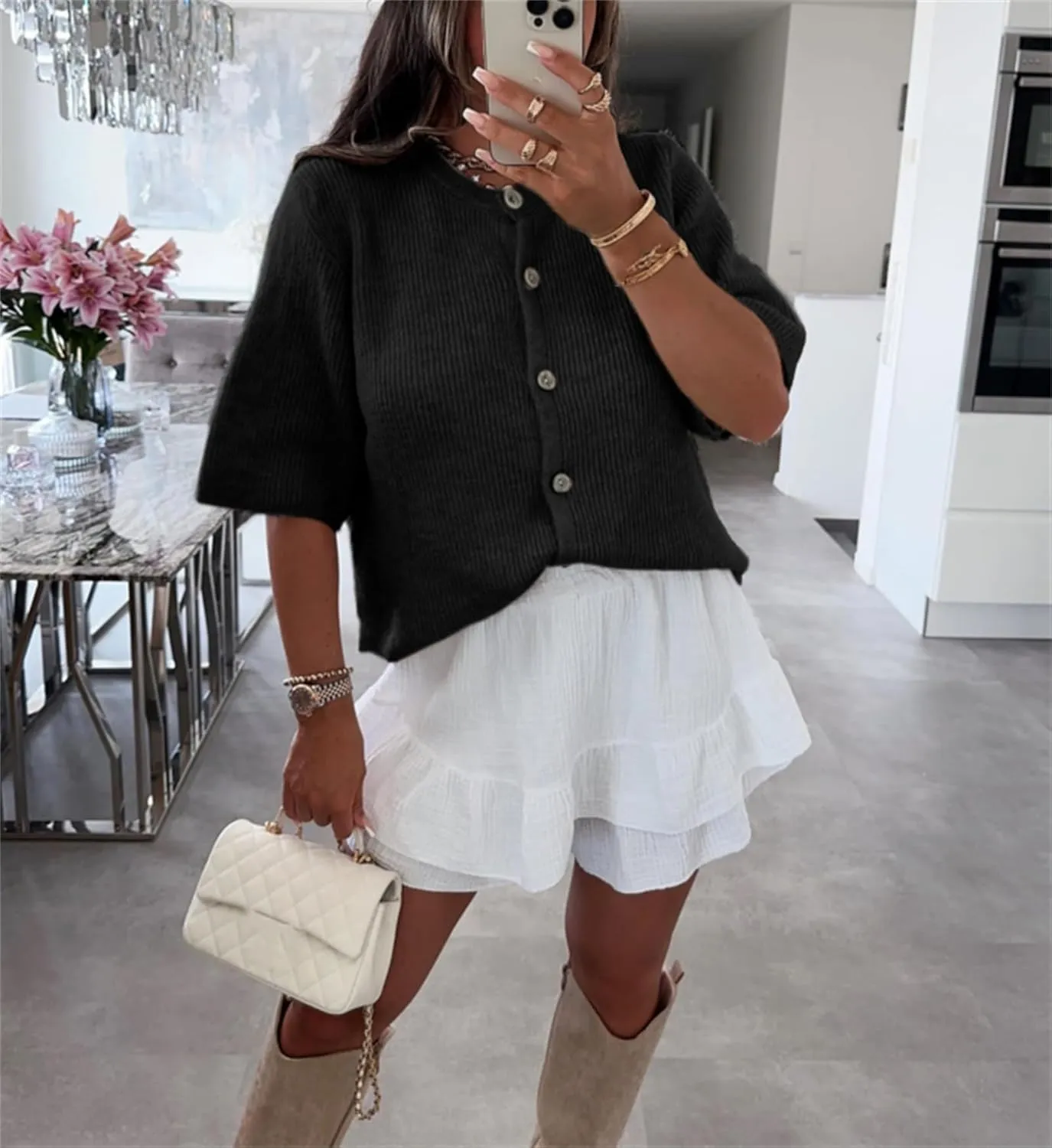 Womens Knitted Short Sleeve Cardigan Sweater Button Down Top