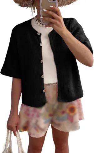 Womens Knitted Short Sleeve Cardigan Sweater Button Down Top