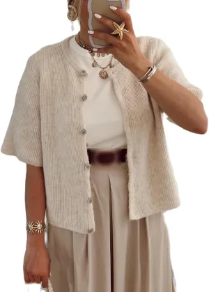 Womens Knitted Short Sleeve Cardigan Sweater Button Down Top