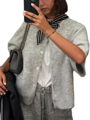 Womens Knitted Short Sleeve Cardigan Sweater Button Down Top