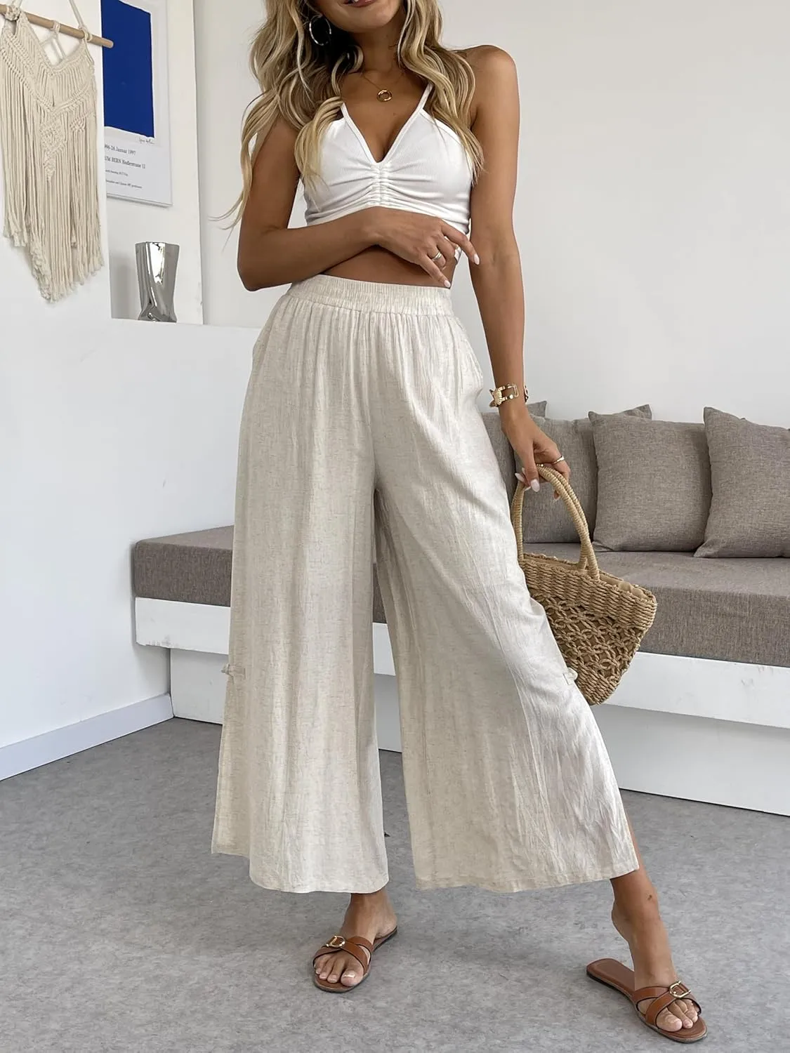 Women's Linen Capris Pants Slit Culottes Summer Wide Leg Split Crop Trouser Palazzo Pants