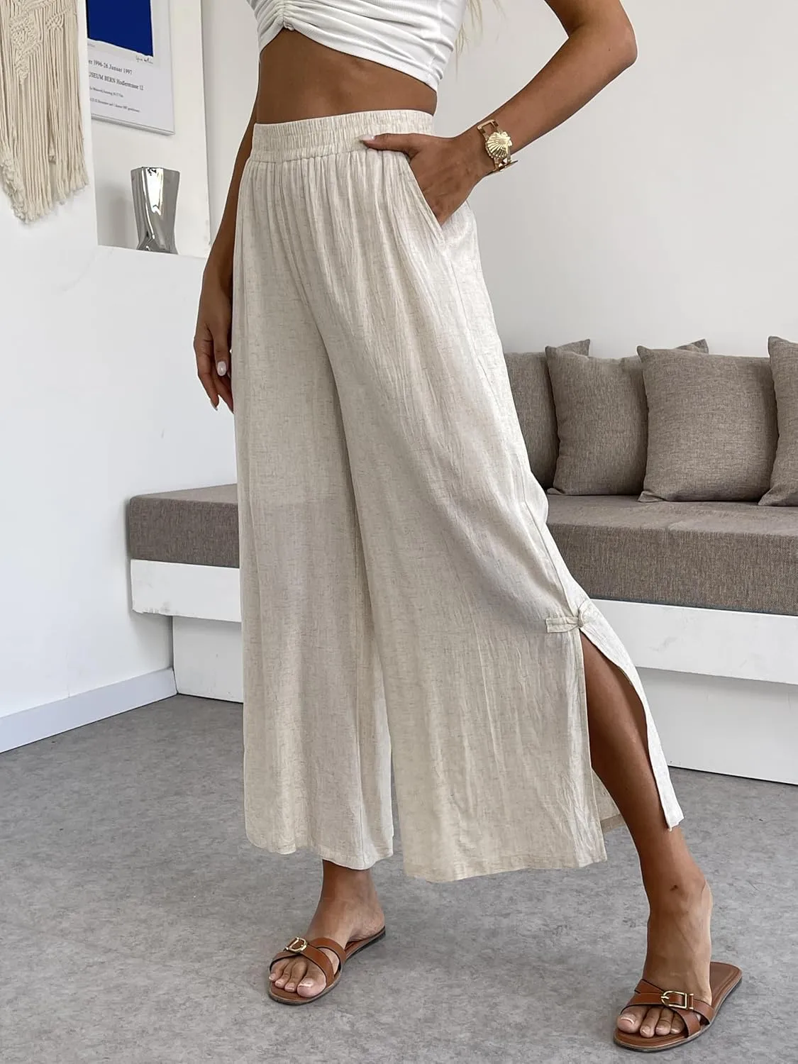 Women's Linen Capris Pants Slit Culottes Summer Wide Leg Split Crop Trouser Palazzo Pants
