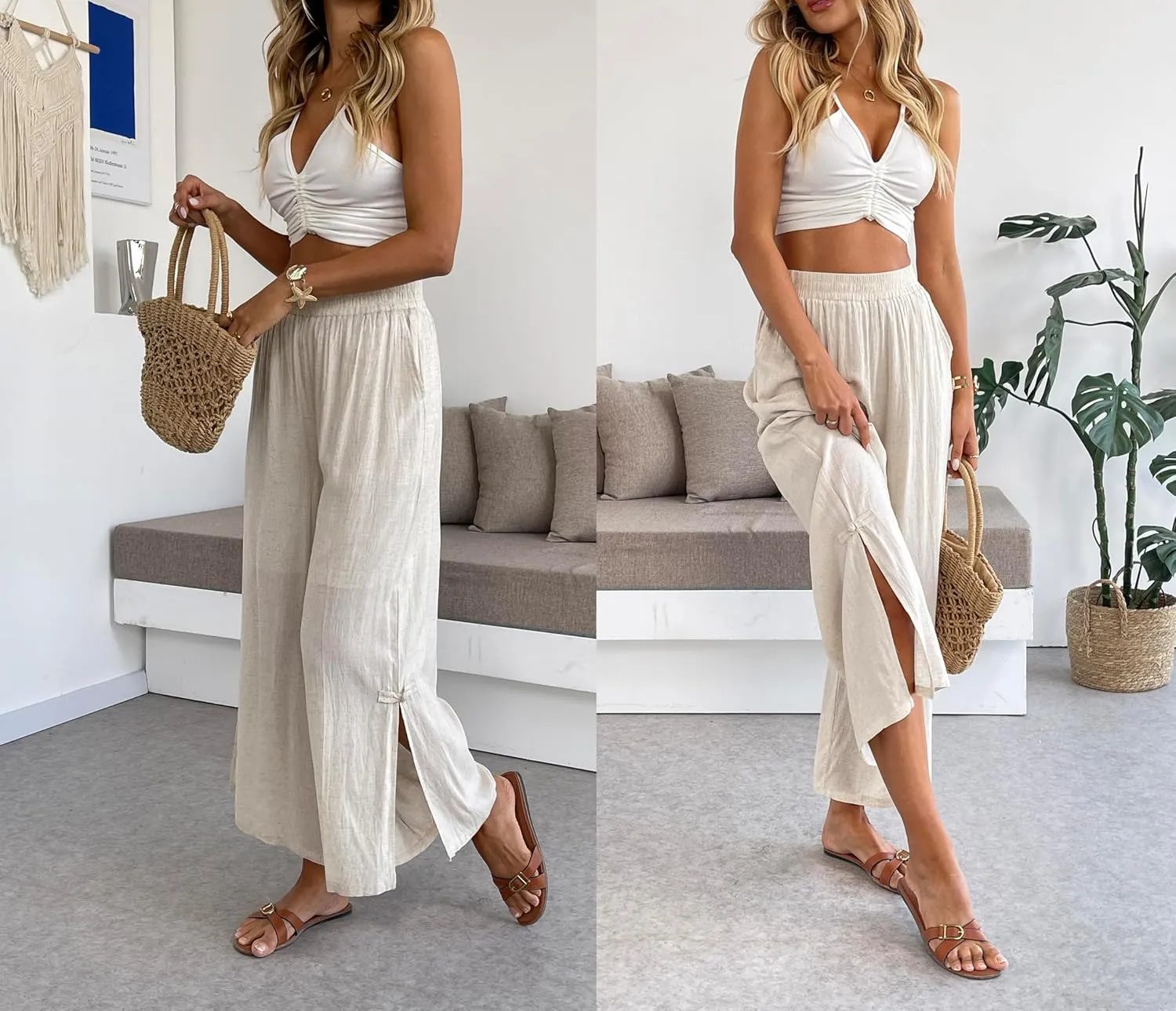 Women's Linen Capris Pants Slit Culottes Summer Wide Leg Split Crop Trouser Palazzo Pants