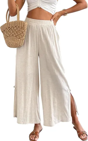 Women's Linen Capris Pants Slit Culottes Summer Wide Leg Split Crop Trouser Palazzo Pants