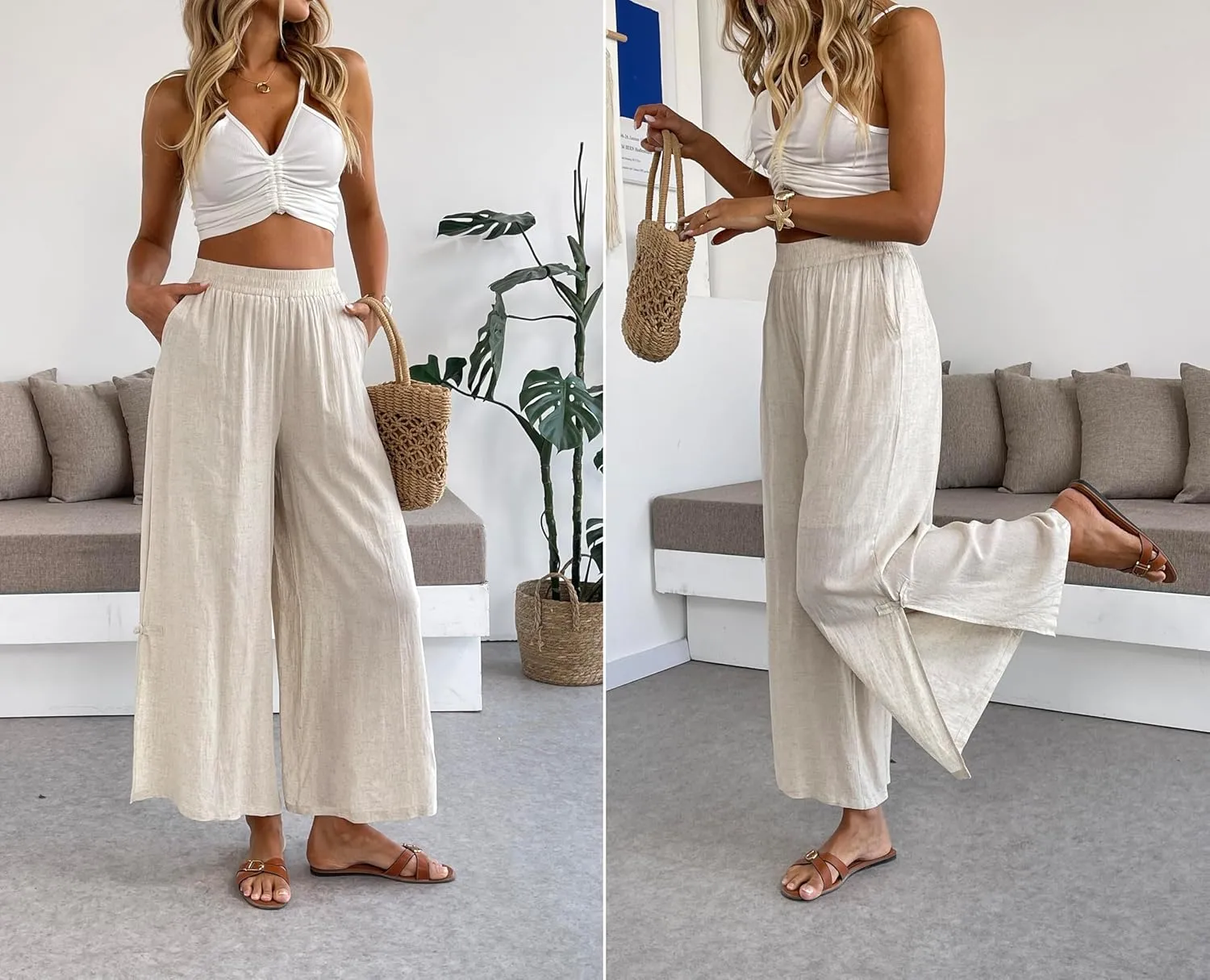 Women's Linen Capris Pants Slit Culottes Summer Wide Leg Split Crop Trouser Palazzo Pants