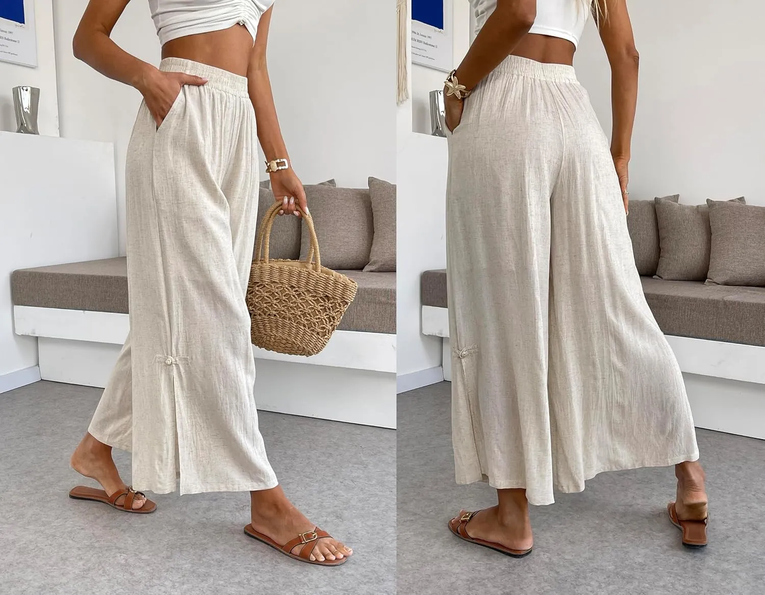 Women's Linen Capris Pants Slit Culottes Summer Wide Leg Split Crop Trouser Palazzo Pants