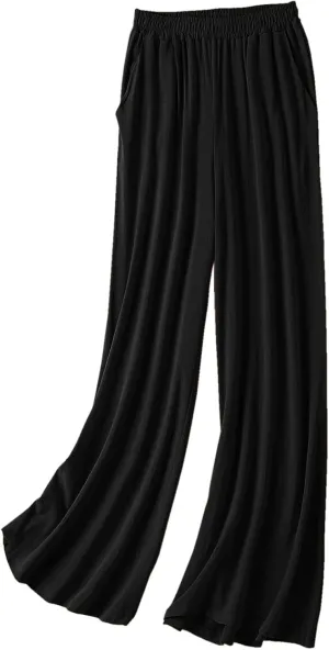 Womens Linen Pants High Elastic Waist Wide Leg Flowy Trousers Plus Size with Pockets