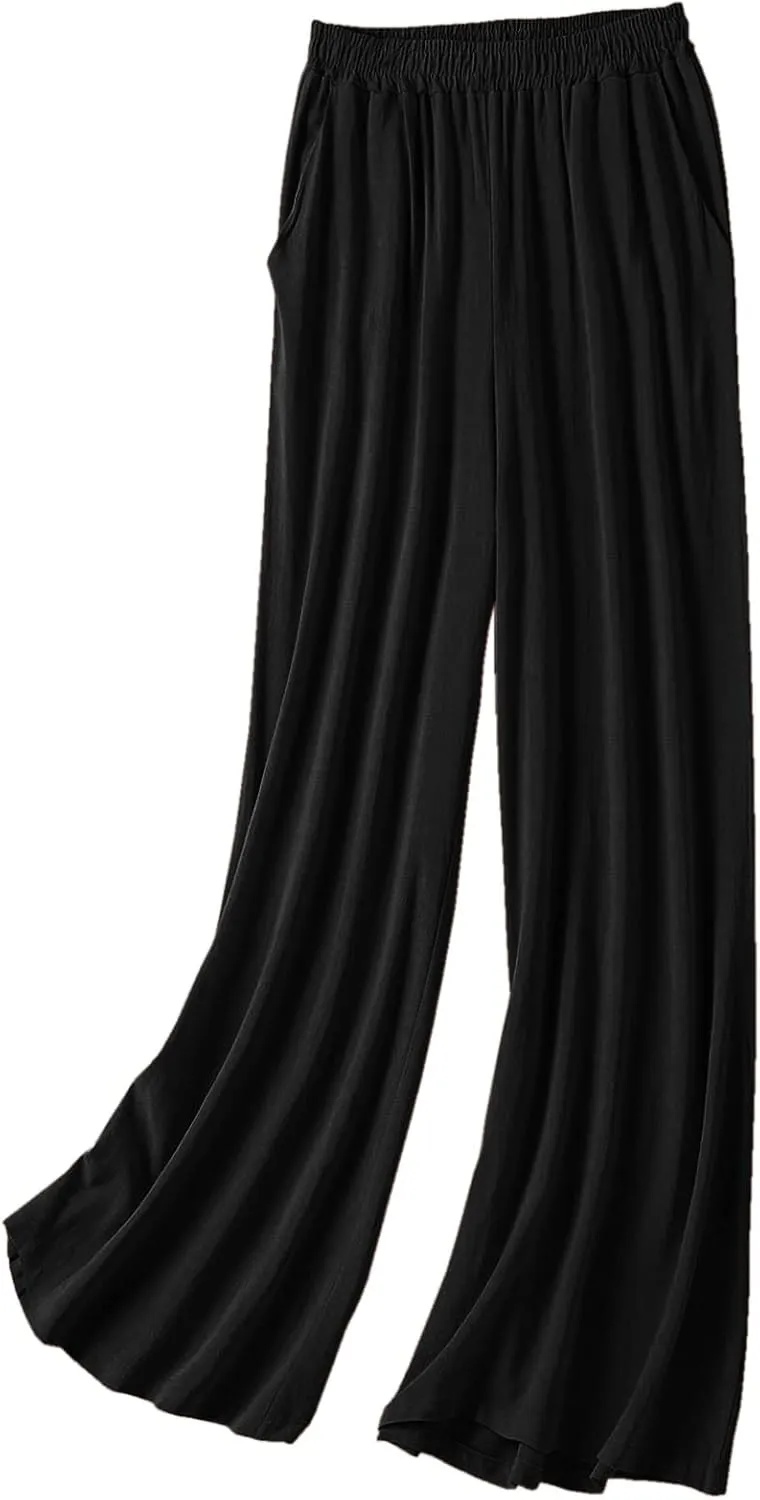 Womens Linen Pants High Elastic Waist Wide Leg Flowy Trousers Plus Size with Pockets