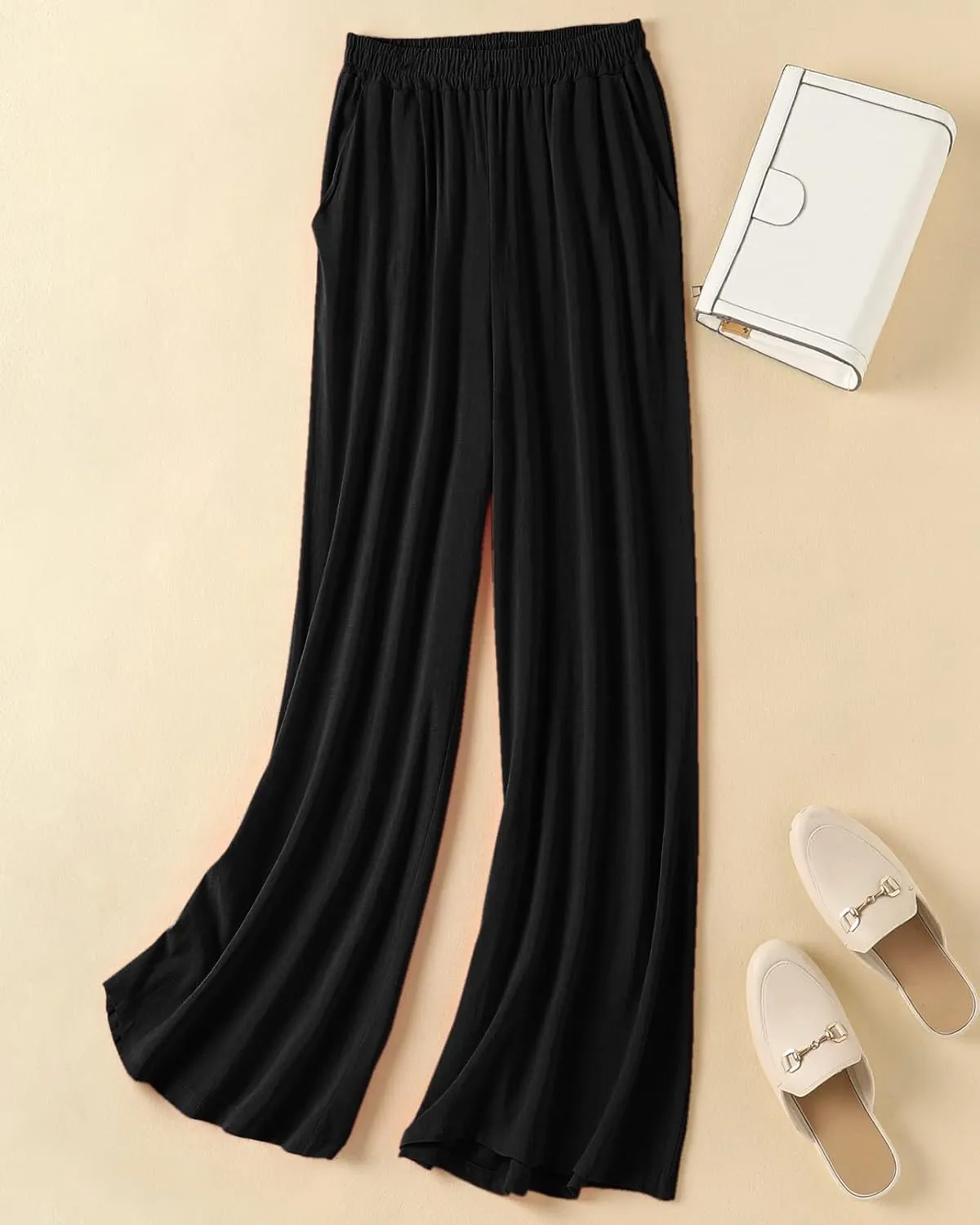 Womens Linen Pants High Elastic Waist Wide Leg Flowy Trousers Plus Size with Pockets