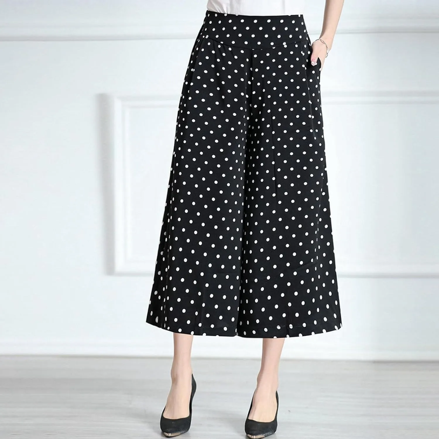 Womens Pleated Chiffon Culottes High Elastic Waist Wide Leg Pants Dressy For Women Knee Length