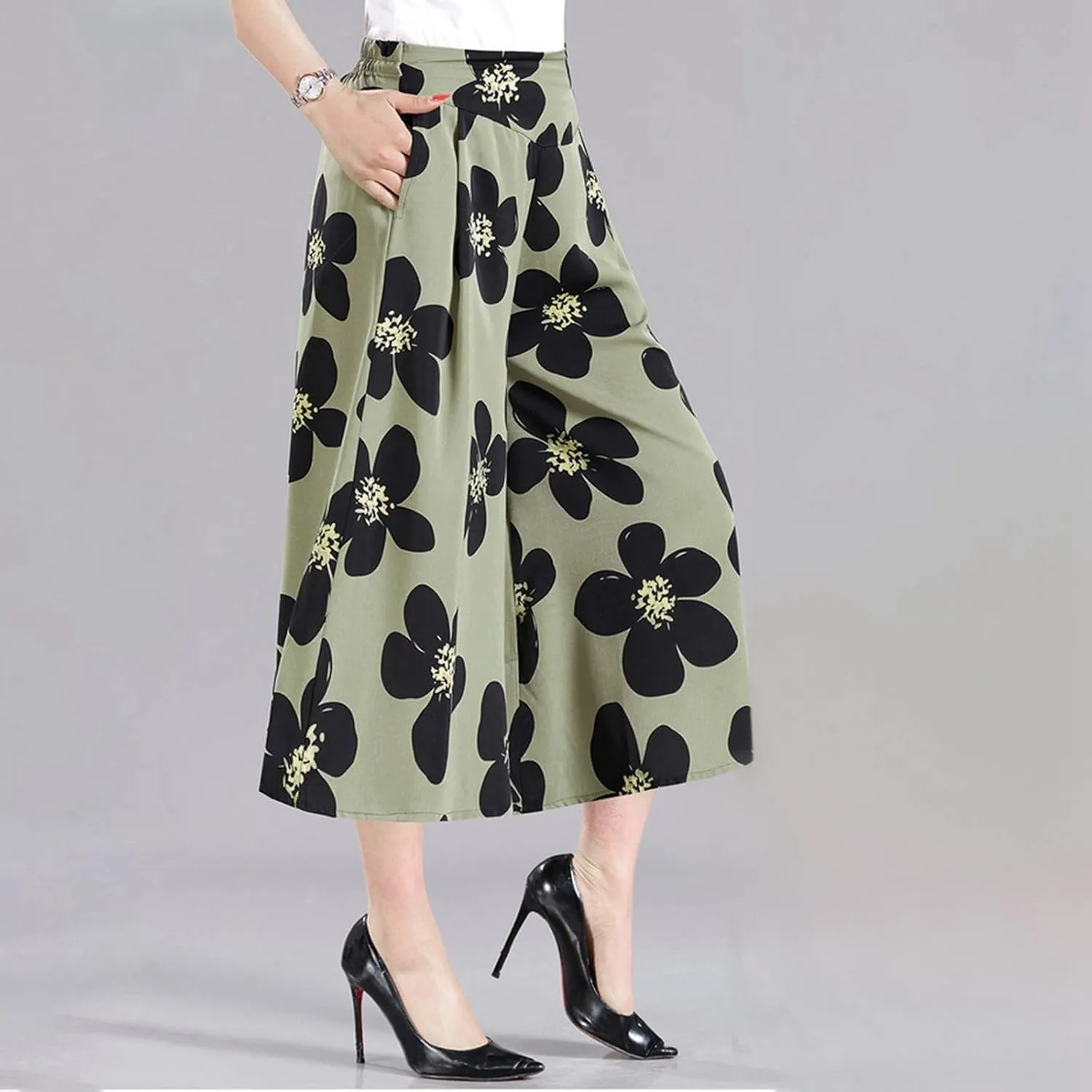 Womens Pleated Chiffon Culottes High Elastic Waist Wide Leg Pants Dressy For Women Knee Length