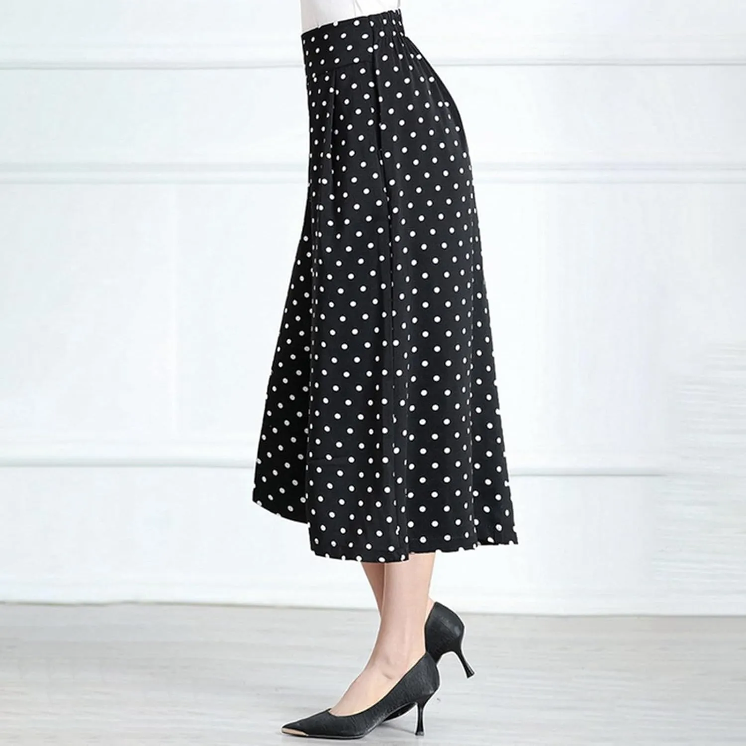 Womens Pleated Chiffon Culottes High Elastic Waist Wide Leg Pants Dressy For Women Knee Length