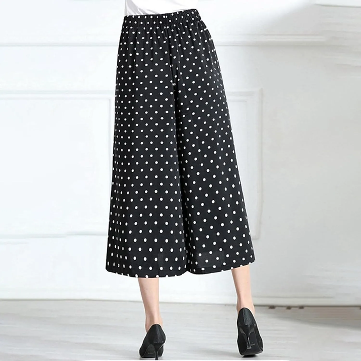 Womens Pleated Chiffon Culottes High Elastic Waist Wide Leg Pants Dressy For Women Knee Length