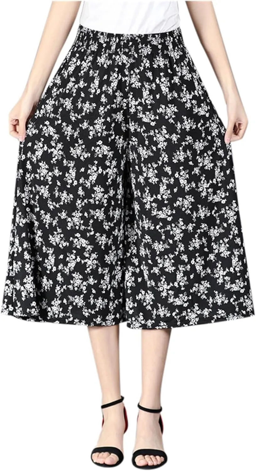 Womens Pleated Chiffon Culottes High Elastic Waist Wide Leg Pants Dressy For Women Knee Length