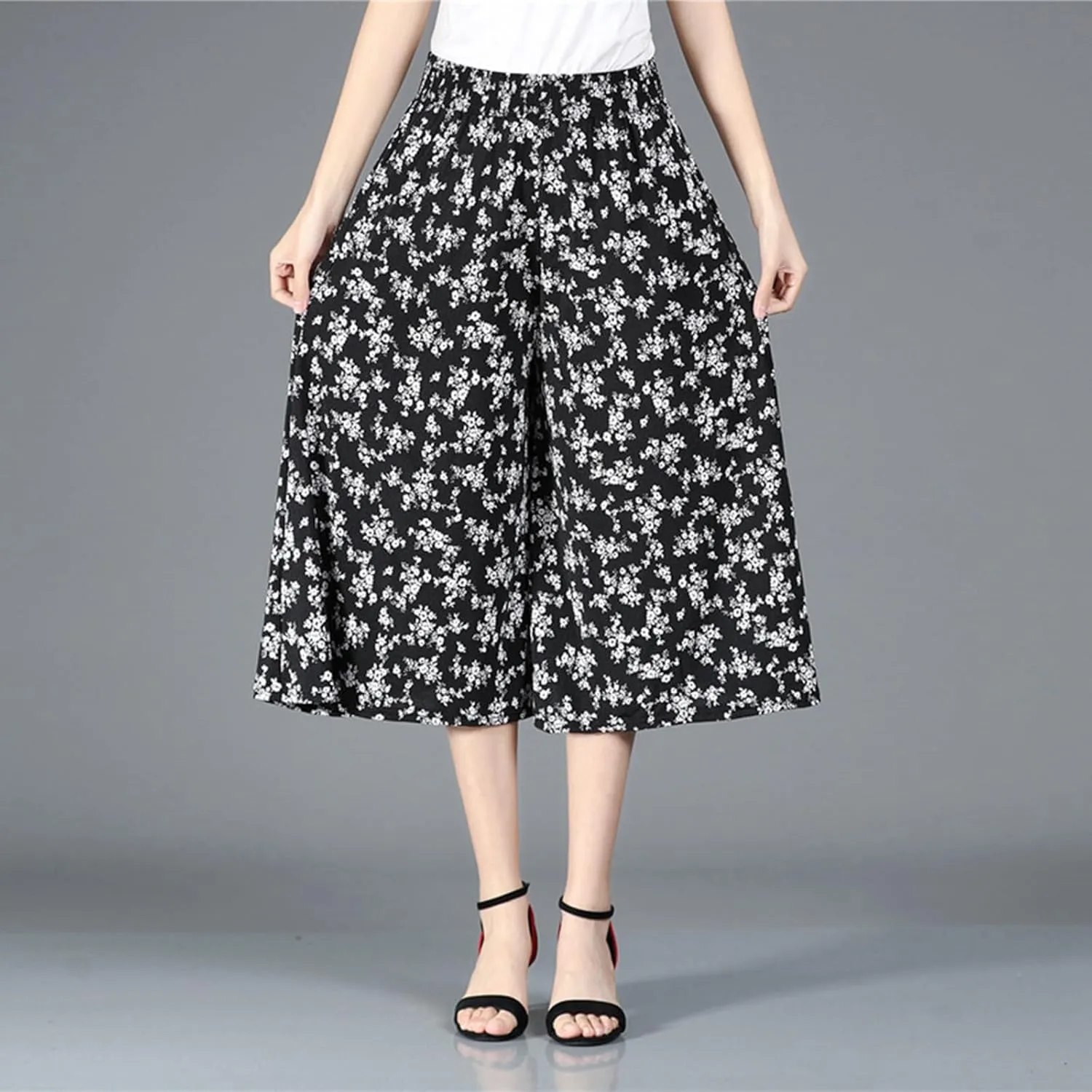 Womens Pleated Chiffon Culottes High Elastic Waist Wide Leg Pants Dressy For Women Knee Length